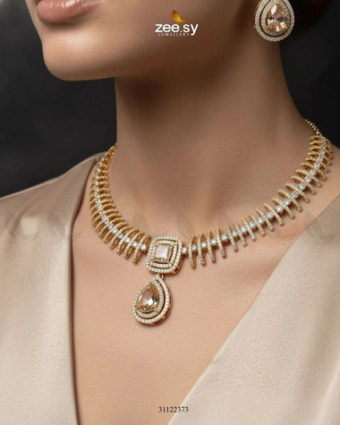 Kavita Art Oval Crystal Necklace Set Golden Champagne Necklace Sets - Zeesy Jewellery Pakistan | Premium Artificial & Imitation Jewellery