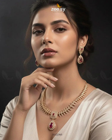 Kavita Art Oval Crystal Necklace Set Golden Red Necklace Sets - Zeesy Jewellery Pakistan | Premium Artificial & Imitation Jewellery