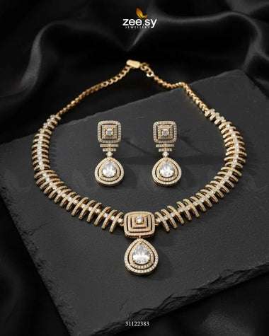 Kavita Art Oval Crystal Necklace Set Golden White Necklace Sets - Zeesy Jewellery Pakistan | Premium Artificial & Imitation Jewellery