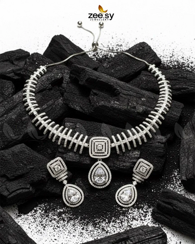 Kavita Art Oval Crystal Necklace Set Silver White Necklace Sets - Zeesy Jewellery Pakistan | Premium Artificial & Imitation Jewellery