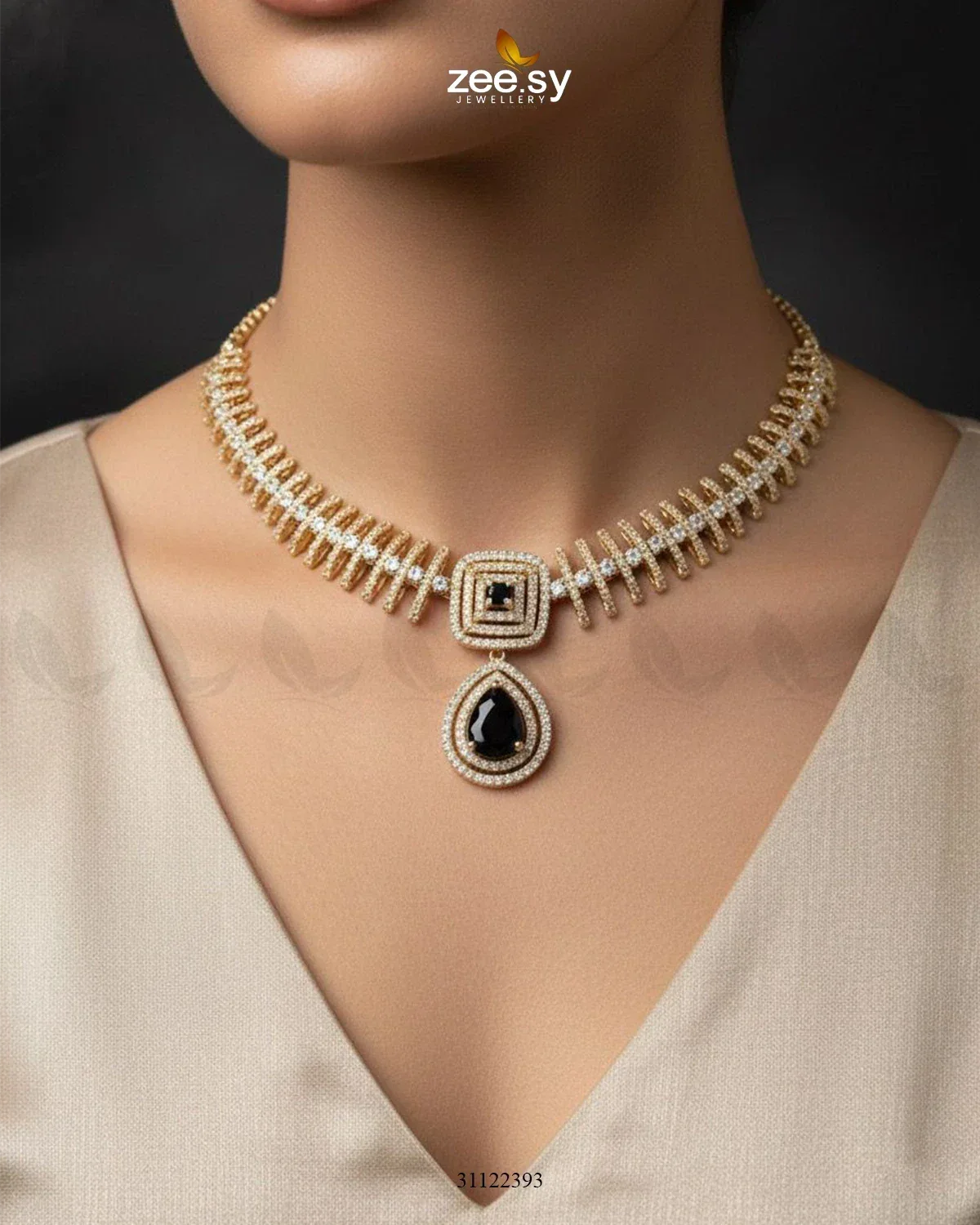Kavita Art Oval Crystal Necklace Set Golden Black Necklace Sets - Zeesy Jewellery Pakistan | Premium Artificial & Imitation Jewellery