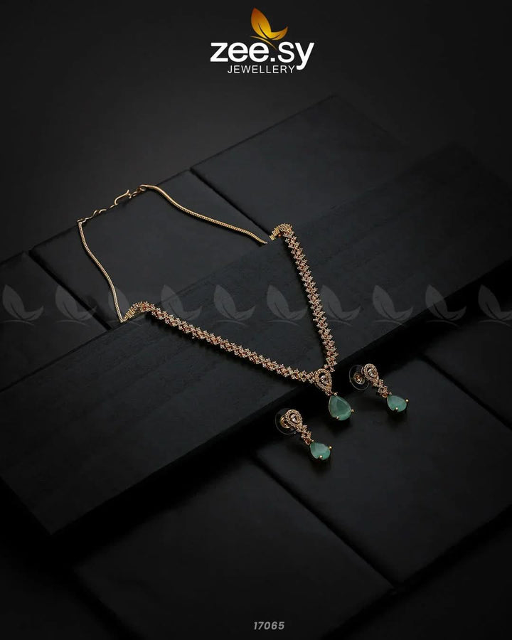 Nargis Zircon Necklace Golden Mint Green Necklace Sets - Zeesy Jewellery Pakistan | Premium Artificial & Imitation Jewellery