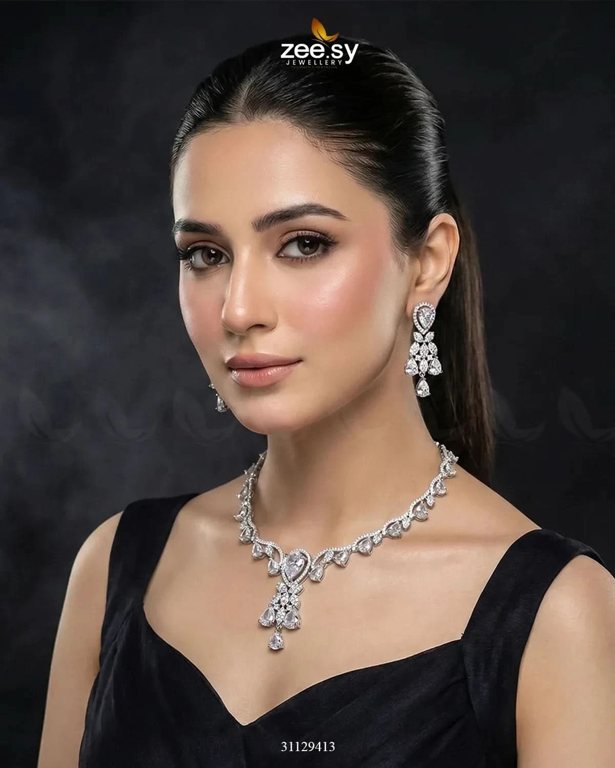 Silver Radiant Drop Necklace Set Necklace Sets - Zeesy Jewellery Pakistan | Premium Artificial & Imitation Jewellery