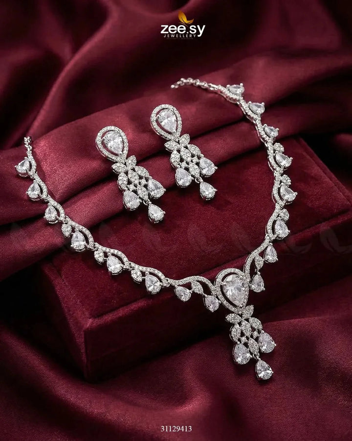 Silver Radiant Drop Necklace Set Necklace Sets - Zeesy Jewellery Pakistan | Premium Artificial & Imitation Jewellery