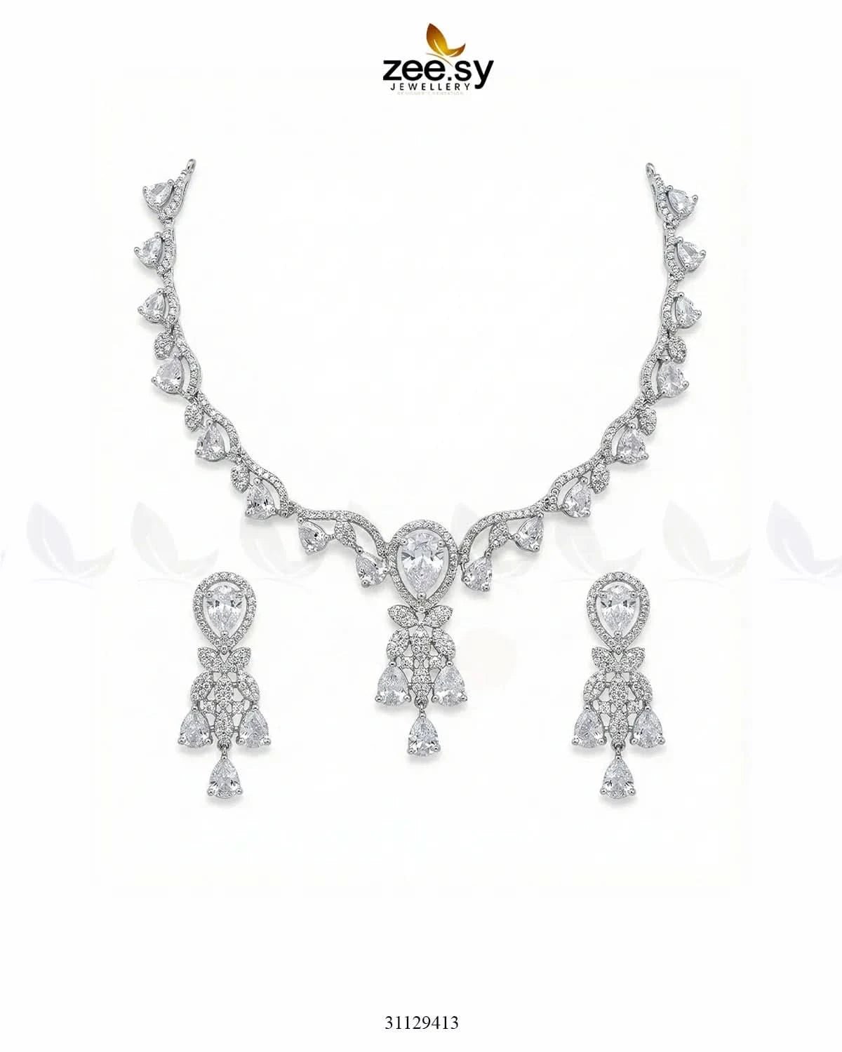 Silver Radiant Drop Necklace Set Silver White Necklace Sets - Zeesy Jewellery Pakistan | Premium Artificial & Imitation Jewellery