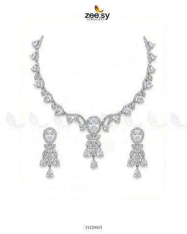 Silver Radiant Drop Necklace Set Silver White Necklace Sets - Zeesy Jewellery Pakistan | Premium Artificial & Imitation Jewellery