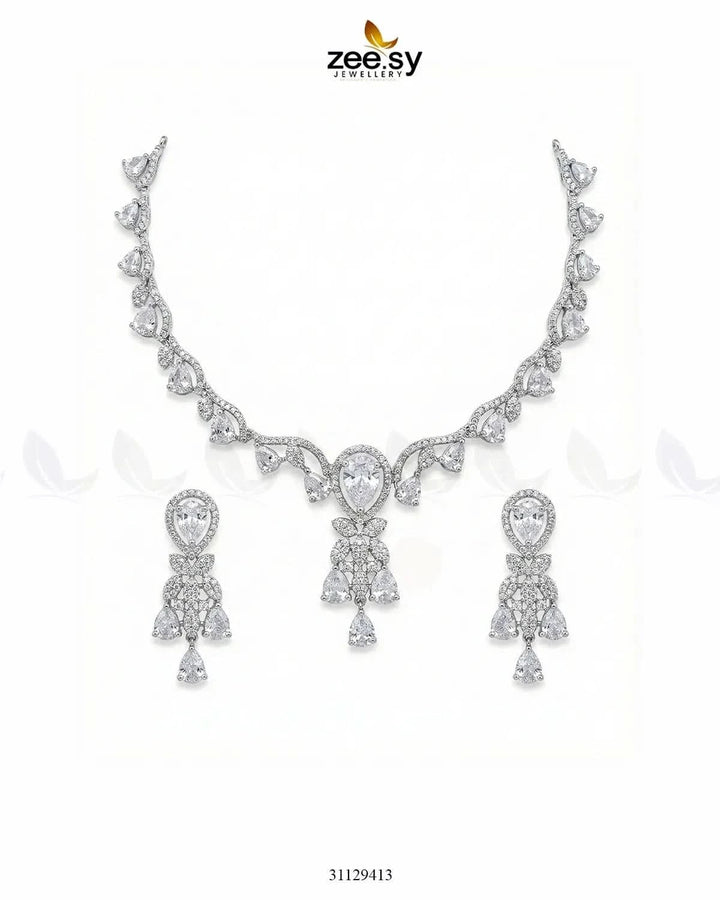 Silver Radiant Drop Necklace Set Silver White Necklace Sets - Zeesy Jewellery Pakistan | Premium Artificial & Imitation Jewellery