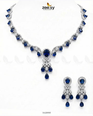 Silver Radiant Drop Necklace Set Silver Blue Necklace Sets - Zeesy Jewellery Pakistan | Premium Artificial & Imitation Jewellery