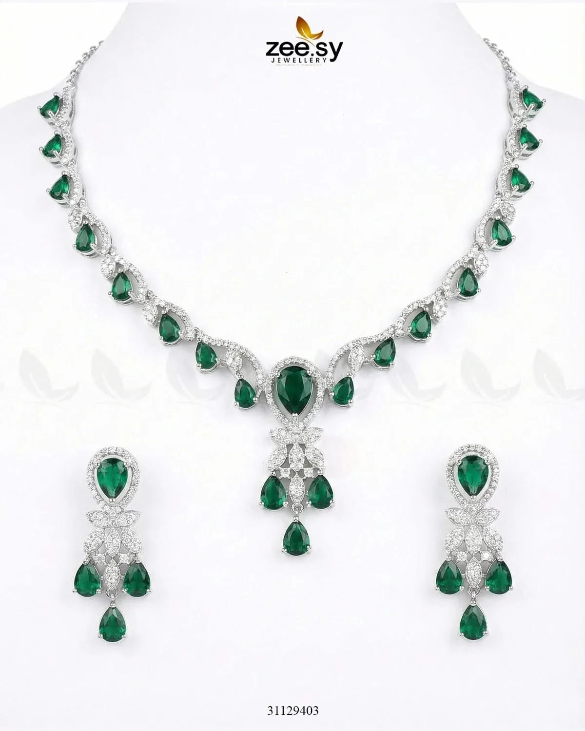 Silver Radiant Drop Necklace Set Silver Green Necklace Sets - Zeesy Jewellery Pakistan | Premium Artificial & Imitation Jewellery