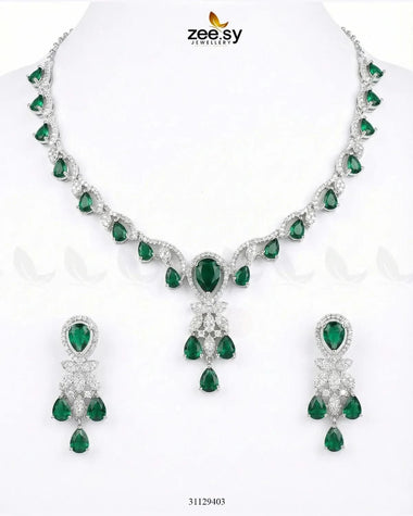 Silver Radiant Drop Necklace Set Silver Green Necklace Sets - Zeesy Jewellery Pakistan | Premium Artificial & Imitation Jewellery