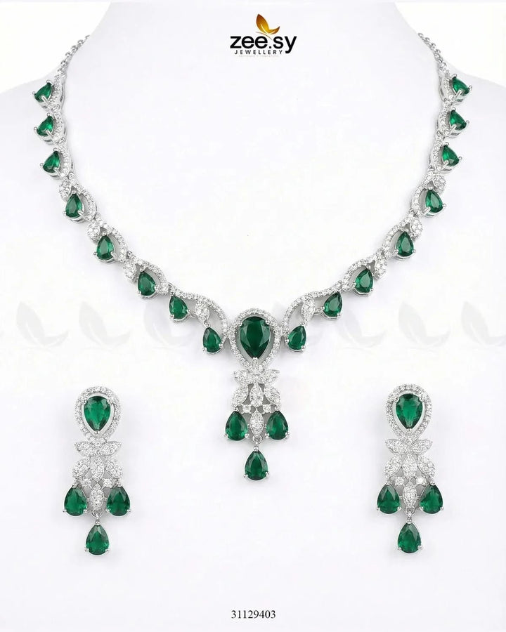 Silver Radiant Drop Necklace Set Silver Green Necklace Sets - Zeesy Jewellery Pakistan | Premium Artificial & Imitation Jewellery