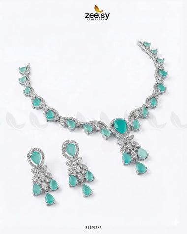 Silver Radiant Drop Necklace Set Silver Mint Pink Necklace Sets - Zeesy Jewellery Pakistan | Premium Artificial & Imitation Jewellery