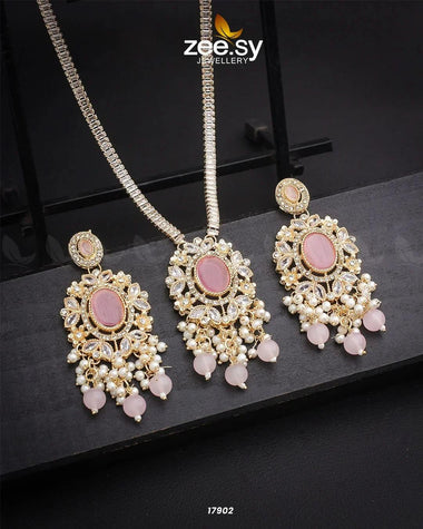 Basil Shield Vintage Necklace Set Golden Mint Pink Pendants - Zeesy Jewellery Pakistan | Premium Artificial & Imitation Jewellery
