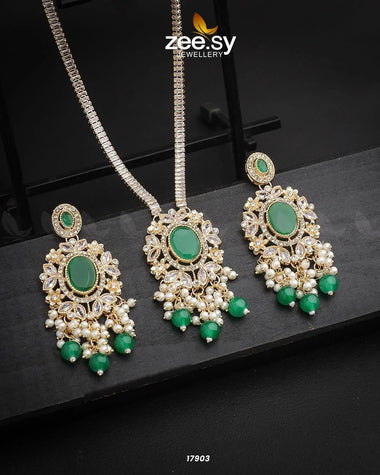 Basil Shield Vintage Necklace Set Golden Green Pendants - Zeesy Jewellery Pakistan | Premium Artificial & Imitation Jewellery