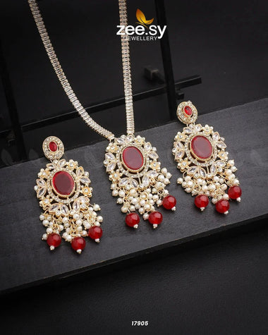 Basil Shield Vintage Necklace Set Golden Red Pendants - Zeesy Jewellery Pakistan | Premium Artificial & Imitation Jewellery