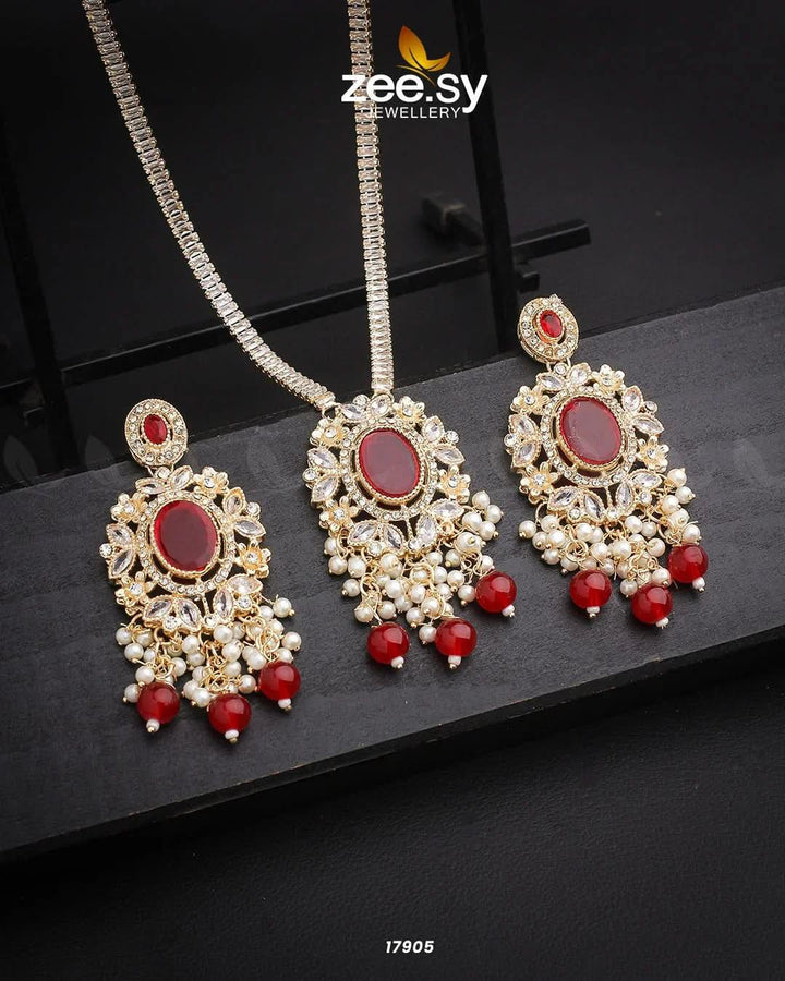 Basil Shield Vintage Necklace Set Golden Red Pendants - Zeesy Jewellery Pakistan | Premium Artificial & Imitation Jewellery