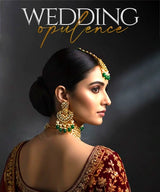 Woman wearing elaborate jewelry with 'Wedding Opulence' text on a dark background