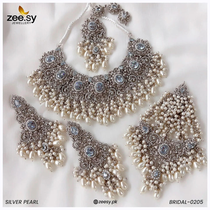 BRIDAL-0205 Silver Pearl Bridal Set - Zeesy Jewellery Pakistan | Premium Artificial & Imitation Jewellery