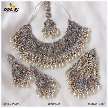 Bridal-0213 Silver Pearl Bridal Set - Zeesy Jewellery Pakistan | Premium Artificial & Imitation Jewellery