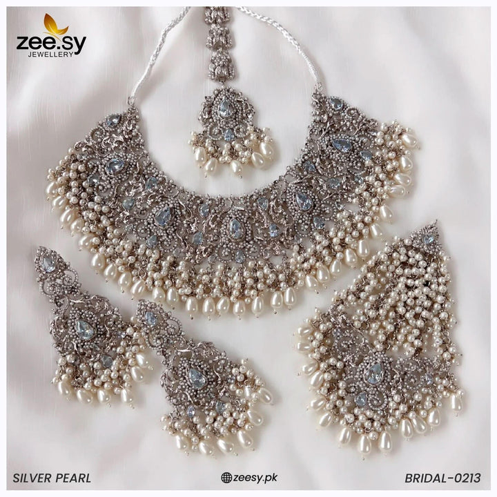 Bridal-0213 Silver Pearl Bridal Set - Zeesy Jewellery Pakistan | Premium Artificial & Imitation Jewellery