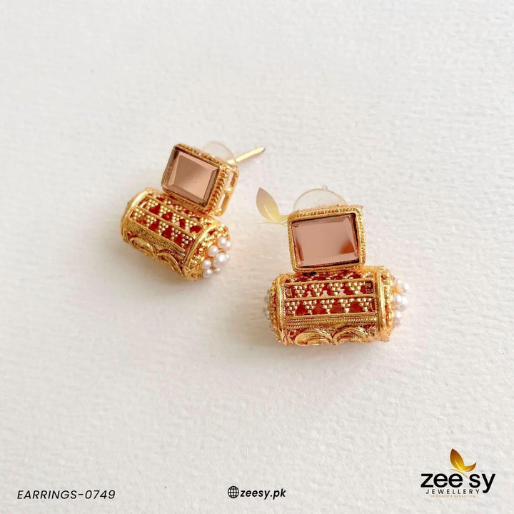 Traditional Pearl Dolki Stud Earrings Champagne Earrings - Zeesy Jewellery Pakistan | Premium Artificial & Imitation Jewellery