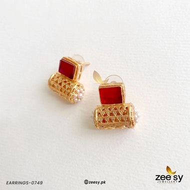 Traditional Pearl Dolki Stud Earrings Red Earrings - Zeesy Jewellery Pakistan | Premium Artificial & Imitation Jewellery