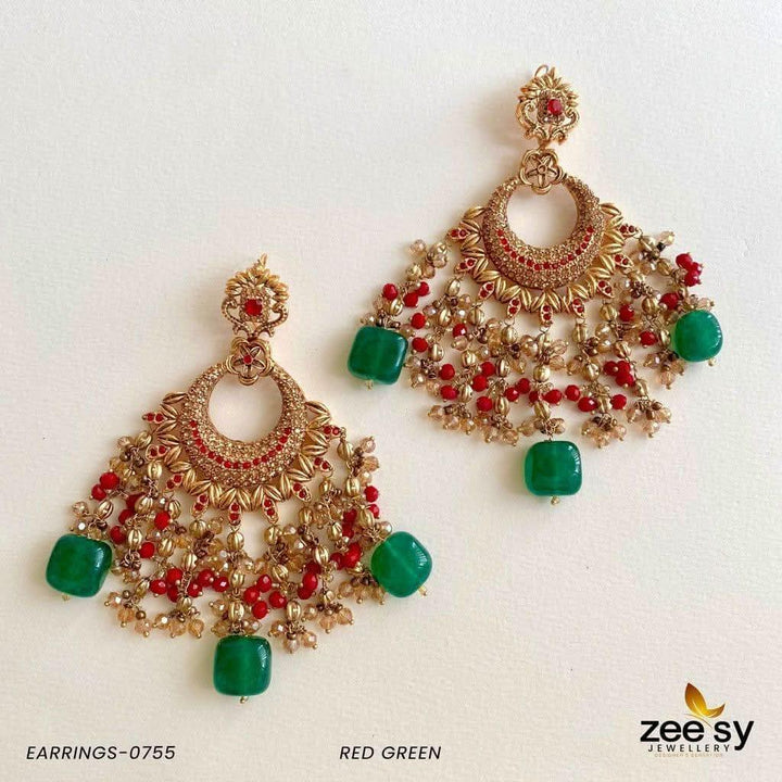 EARRINGS-0755 Red-Green Earrings - Zeesy Jewellery Pakistan | Premium Artificial & Imitation Jewellery