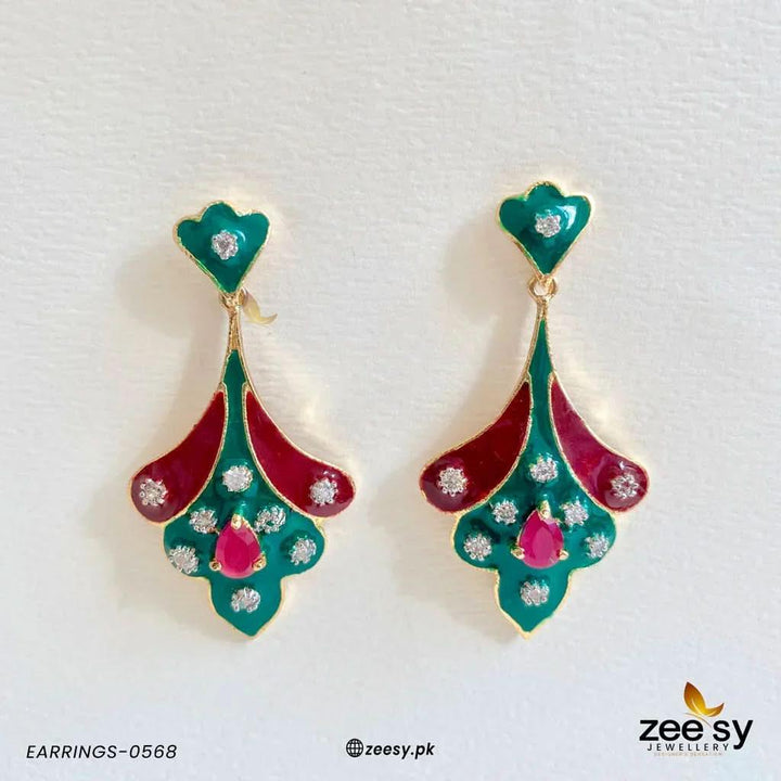 EARRINGS-0568 Center Stone Red-Green & Mahroon Earrings - Zeesy Jewellery Pakistan | Premium Artificial & Imitation Jewellery