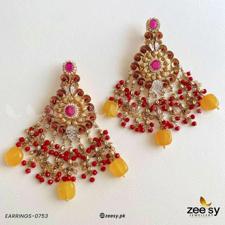 EARRINGS-0753 Red-Yellow Earrings - Zeesy Jewellery Pakistan | Premium Artificial & Imitation Jewellery