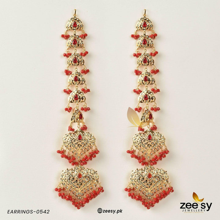 Premium long Pearl Drop Earring Full Red Earrings - Zeesy Jewellery Pakistan | Premium Artificial & Imitation Jewellery