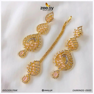 EARRINGS-0665 Golden Pink Earrings - Zeesy Jewellery Pakistan | Premium Artificial & Imitation Jewellery