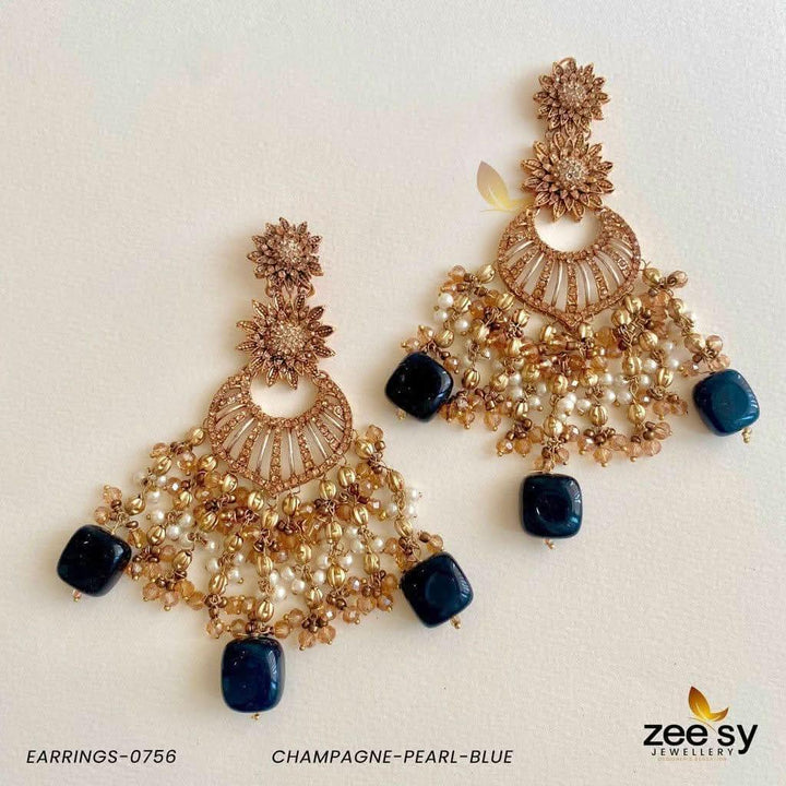 EARRINGS-0756 Champagne-Pearl-Blue Earrings - Zeesy Jewellery Pakistan | Premium Artificial & Imitation Jewellery
