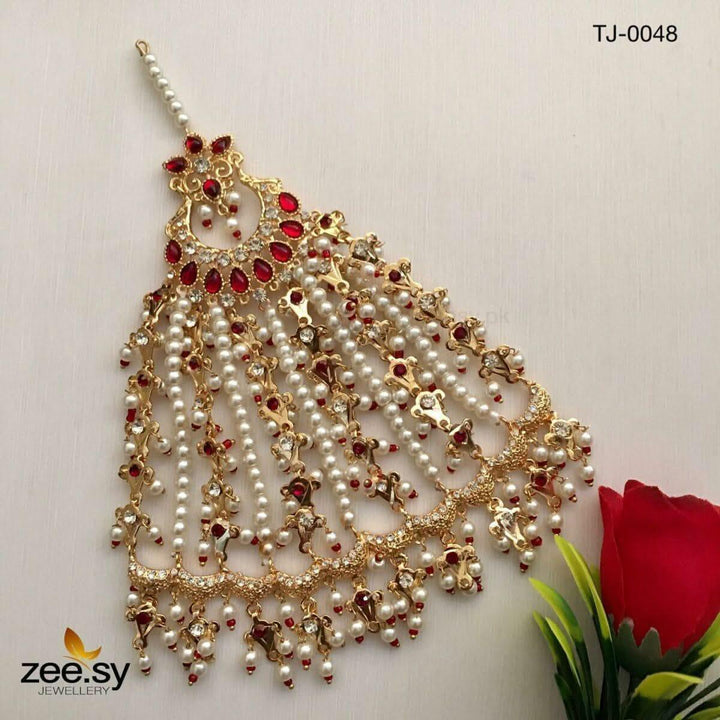 Peacock Gemstone Pearl Jhumar Crystal Maroon jhumar - Zeesy Jewellery Pakistan | Premium Artificial & Imitation Jewellery