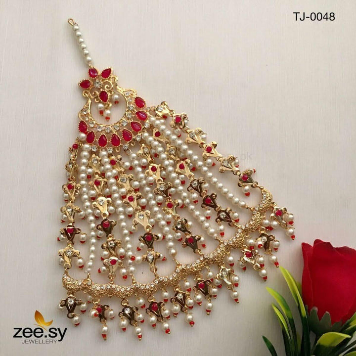 Peacock Gemstone Pearl Jhumar Red jhumar - Zeesy Jewellery Pakistan | Premium Artificial & Imitation Jewellery