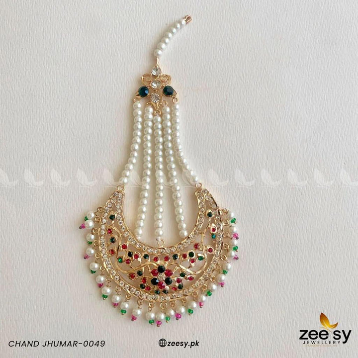 Inshara Pearl Drop Chand Jhumar Red & Green jhumar - Zeesy Jewellery Pakistan | Premium Artificial & Imitation Jewellery