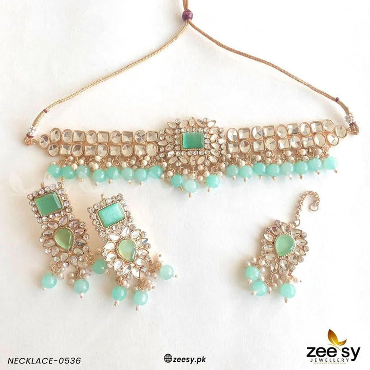 KUNDAN NECKLACE - 0536 Mint Green Necklace Sets - Zeesy Jewellery Pakistan | Premium Artificial & Imitation Jewellery