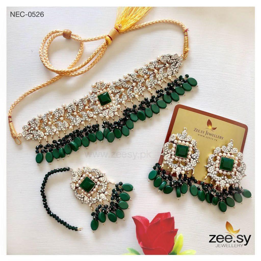 DIAMOND NECKLACE-0526 Green Necklace Sets - Zeesy Jewellery Pakistan | Premium Artificial & Imitation Jewellery