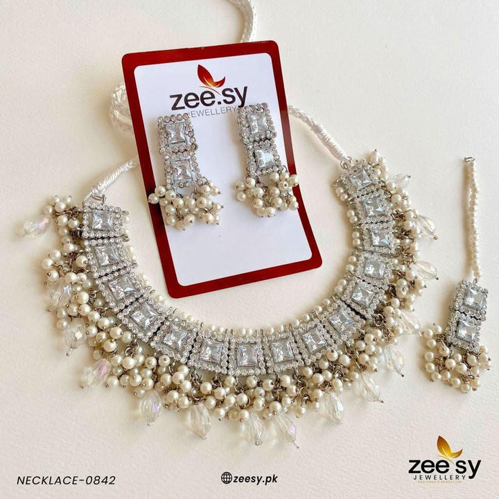 NECKLACE-0842 Silver Pearl Necklace Sets - Zeesy Jewellery Pakistan | Premium Artificial & Imitation Jewellery