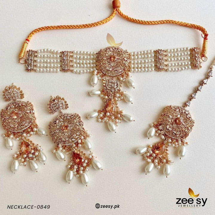 NECKLACE-0849 Pearl Center Stone Champagne Necklace Sets - Zeesy Jewellery Pakistan | Premium Artificial & Imitation Jewellery