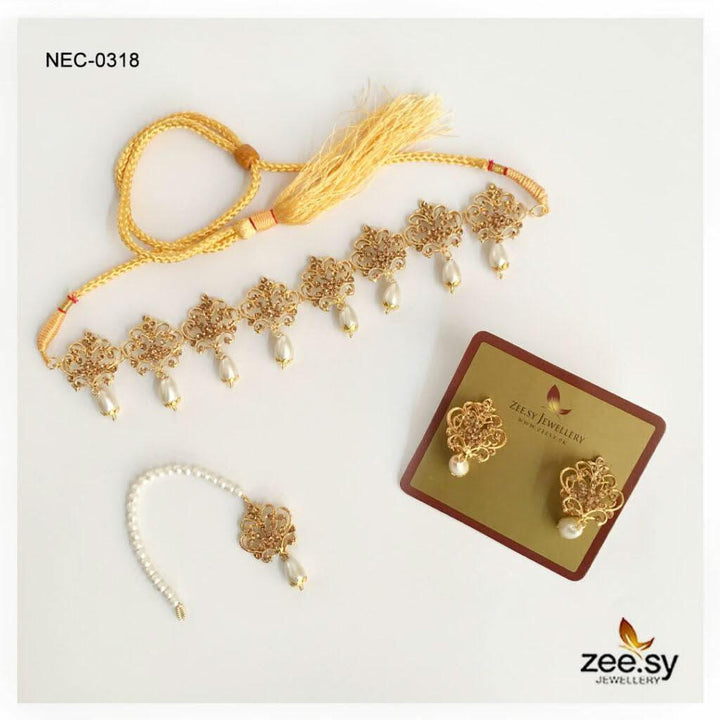 Floral Filigree Traditional Choker Set Champagne Pearl Necklace Sets - Zeesy Jewellery Pakistan | Premium Artificial & Imitation Jewellery