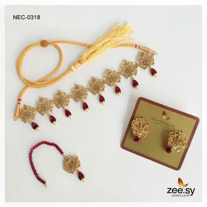 Floral Filigree Traditional Choker Set Champagne Red Necklace Sets - Zeesy Jewellery Pakistan | Premium Artificial & Imitation Jewellery