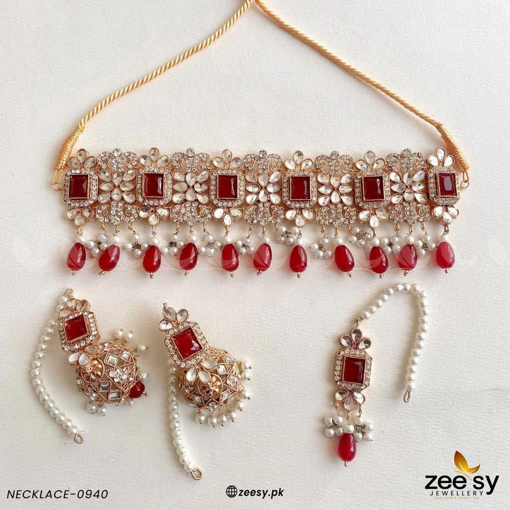NECKLACE SET-0940 Golden Red Necklace Sets - Zeesy Jewellery Pakistan | Premium Artificial & Imitation Jewellery