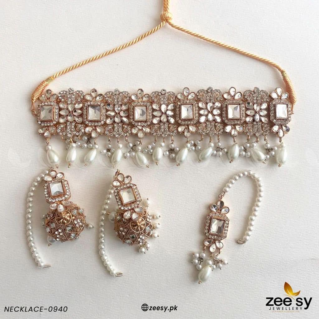 NECKLACE SET-0940 Golden White Necklace Sets - Zeesy Jewellery Pakistan | Premium Artificial & Imitation Jewellery