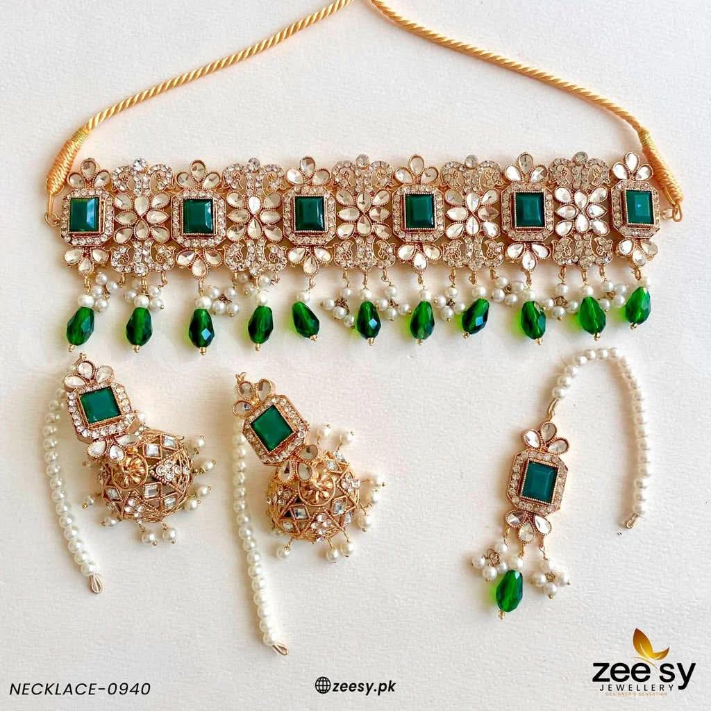NECKLACE SET-0940 Golden Green Necklace Sets - Zeesy Jewellery Pakistan | Premium Artificial & Imitation Jewellery