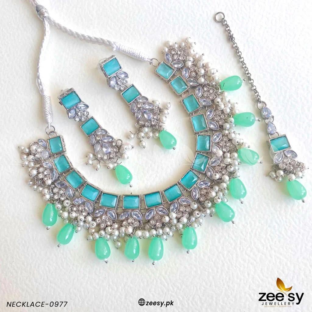 NECKLACE-0977 Mint Green Necklace Sets - Zeesy Jewellery Pakistan | Premium Artificial & Imitation Jewellery