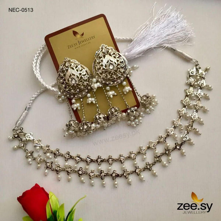 Nauratan Rani Pearl Drop Necklace Set Silver Necklace Sets - Zeesy Jewellery Pakistan | Premium Artificial & Imitation Jewellery