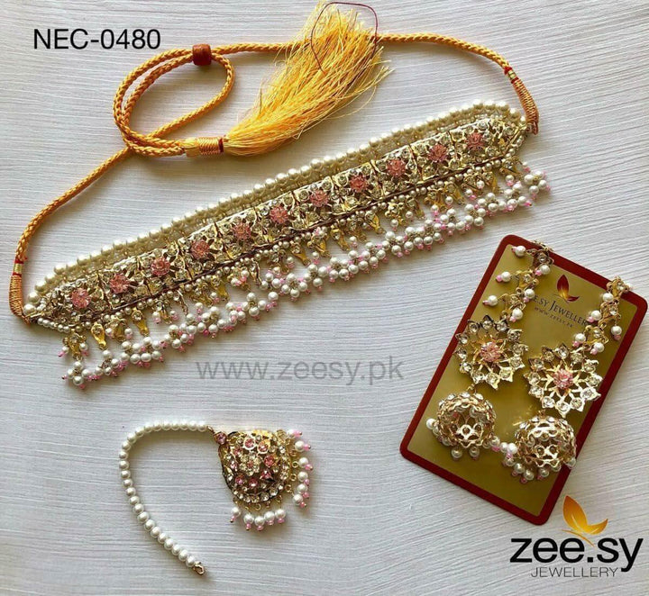 Dahlia Pearl Traditional Choker Set Pink Necklace Sets - Zeesy Jewellery Pakistan | Premium Artificial & Imitation Jewellery