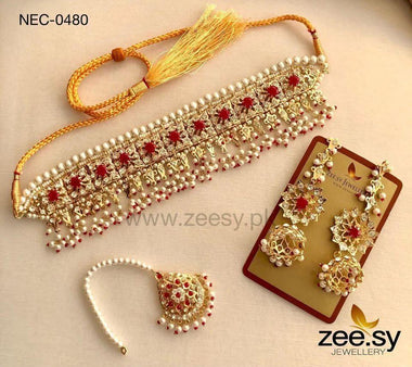 Dahlia Pearl Traditional Choker Set Red Necklace Sets - Zeesy Jewellery Pakistan | Premium Artificial & Imitation Jewellery