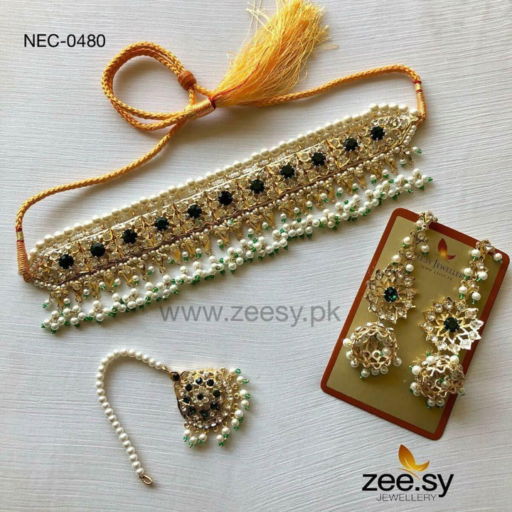 Dahlia Pearl Traditional Choker Set Emerald Green Necklace Sets - Zeesy Jewellery Pakistan | Premium Artificial & Imitation Jewellery