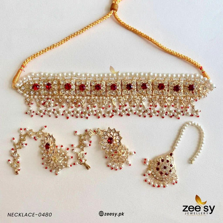 Dahlia Pearl Traditional Choker Set Mahroon Necklace Sets - Zeesy Jewellery Pakistan | Premium Artificial & Imitation Jewellery